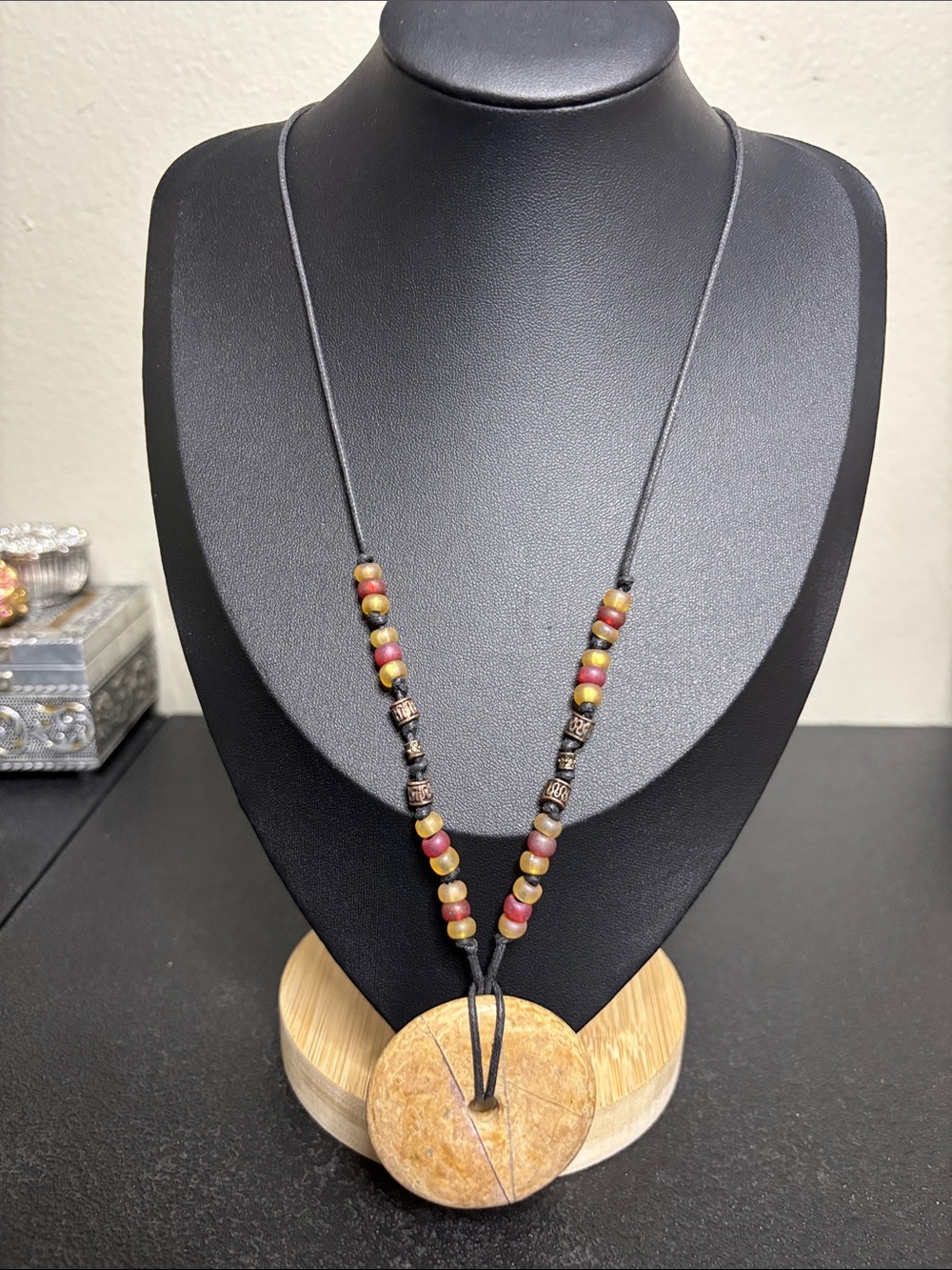 Boho Round Stone Pendant Necklace with Red and Gold Beads
